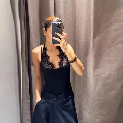 Women's Jumpsuit 2026 Spring New Solid Color Halter Neck Lace Splice Sexy Slim-Fit Romper Personalized Fashion