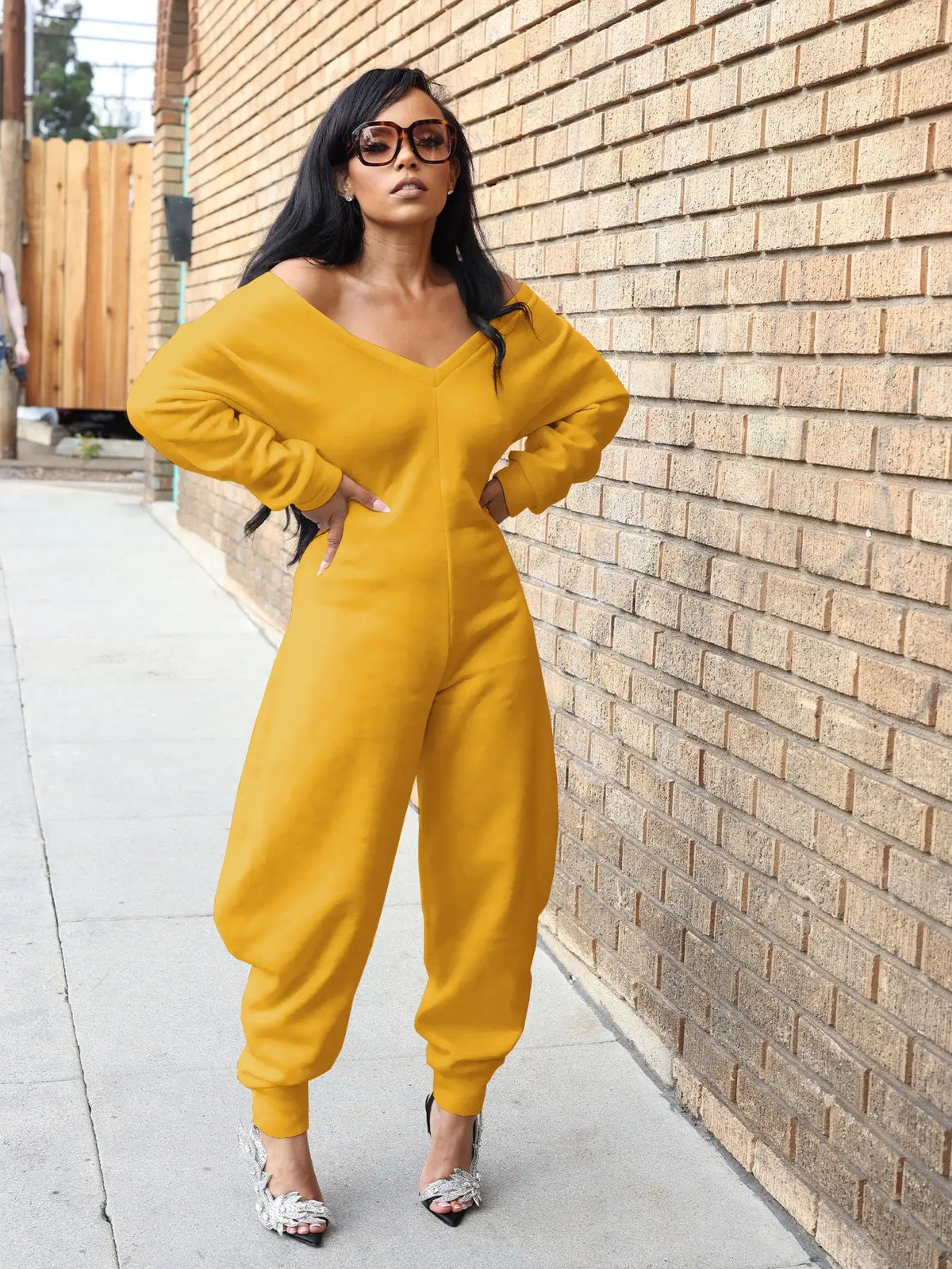 GLCMYAYA Women Long Sleeve V-neck Loose Jumpsuits 2025 Winter Autumn One Piece Set Party Casual Fitness Streetwear Outfits