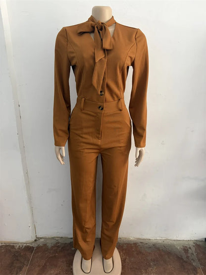 Elegant Office Lady Solid Jumpsuit Women Long Sleeve Lace-up Bow Button Ribbed High Waist Party One Piece Rompers and Jumpsuits