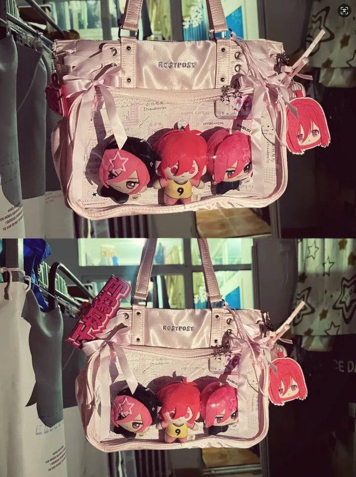 Sweet Cute Bow Shoulder Bags Women Horizontal Transparent Large Capacity Anime Ita Bag Ladies Harajuku Solid Color Handbag Chic
