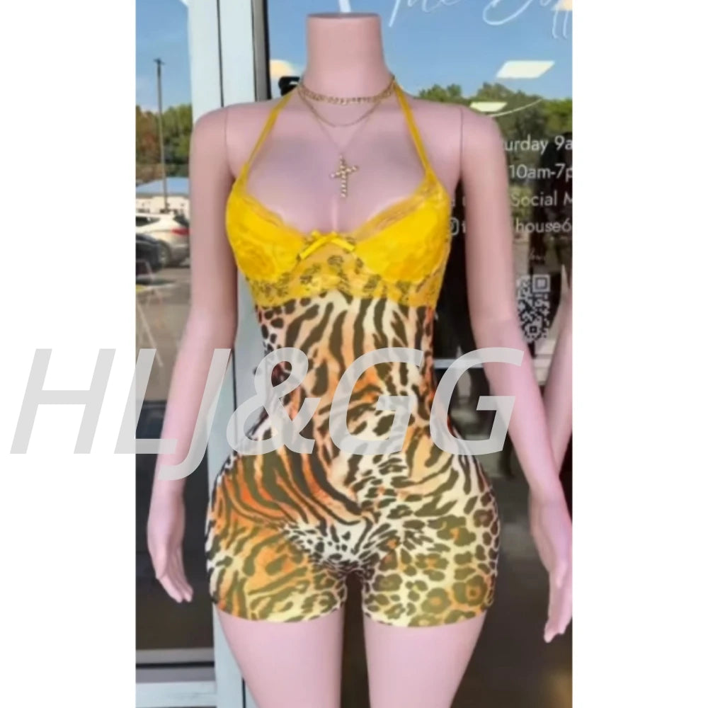 HLJ&GG Vintage Flowers Print Mesh Spaghetti Strap Bodycon One Piece Rompers Women V Neck Sleeveless Jumpsuits Fashion Overalls
