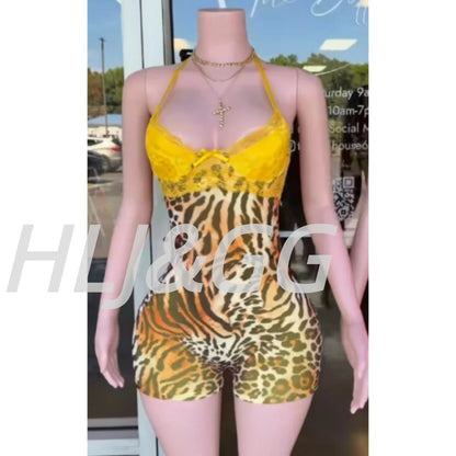 HLJ&GG Vintage Flowers Print Mesh Spaghetti Strap Bodycon One Piece Rompers Women V Neck Sleeveless Jumpsuits Fashion Overalls