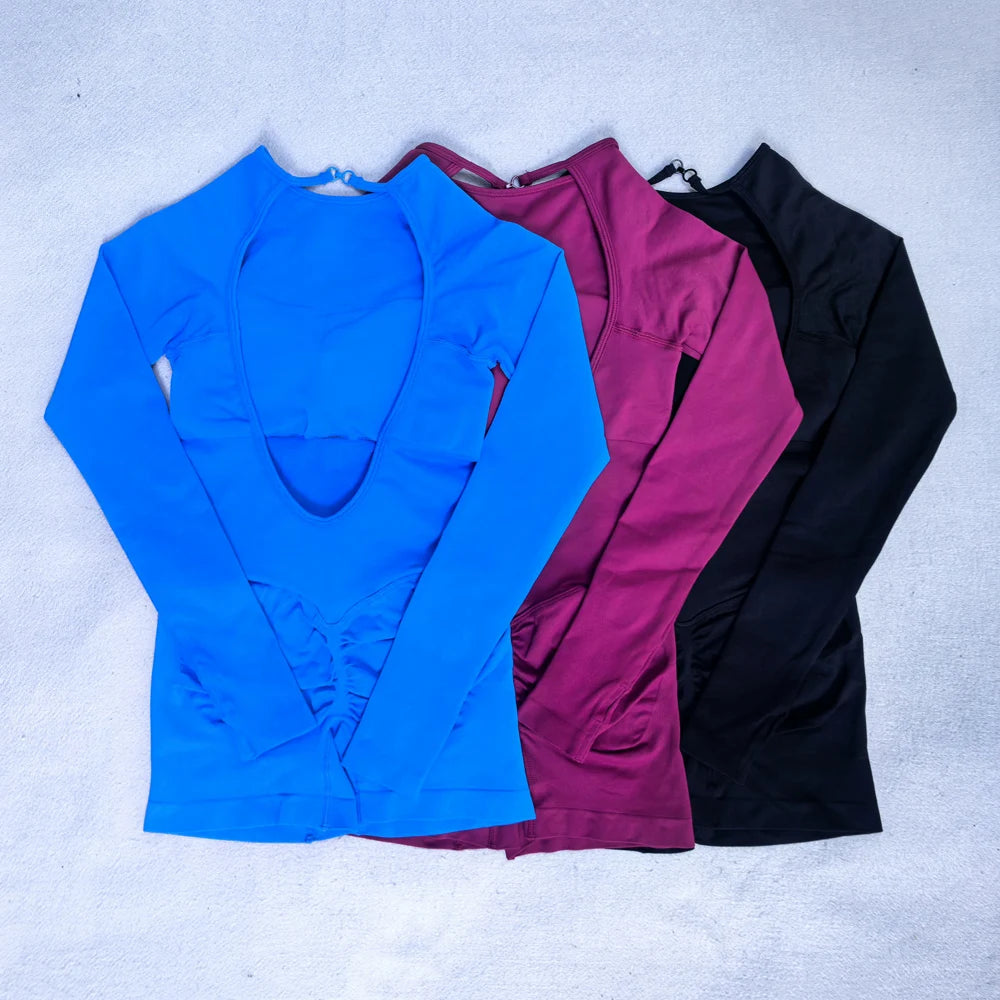 Long Sleeve One Piece Set Women Clothes Backless Gym Set Seamless Yoga Set Bodysuit Workout Shorts Romper Jumpsuit Sportswear