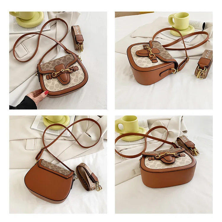 Women Retro Print Saddle Crossbody Bag Luxury Horse Bit Buckle Small Shoulder Bag Fashion PU Leather Ladies Daily Handbag