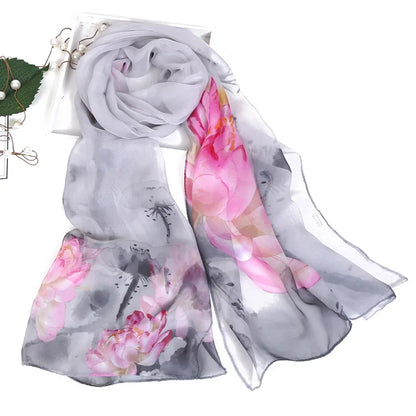 Ink Painting Lotus Summer Beach Sun Protection Chiffon Georgette Scarf Women Foulard Shawl Bandana Elegant Thin Breathable