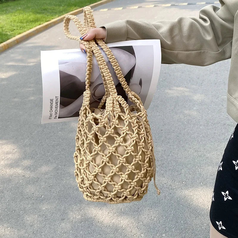 Summer Beach Bag For Women Mesh Rope Knitted Bucket Shoulder Bags  Reticulate Hollow Travel Shopper Totes Ladies Fashion Handbag