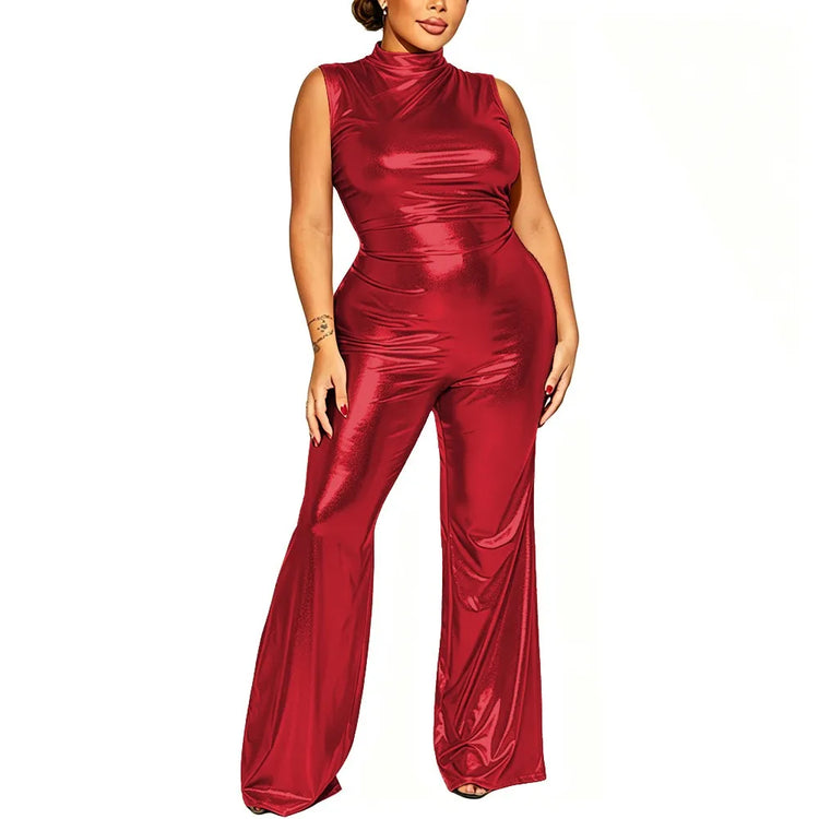 Plus Size Nightclub Wear Jumpsuit Shiny Metallic Sleeveless Women Elegant Jumpsuit Sexy Mock Neck Rompers Wide Leg Long Pants