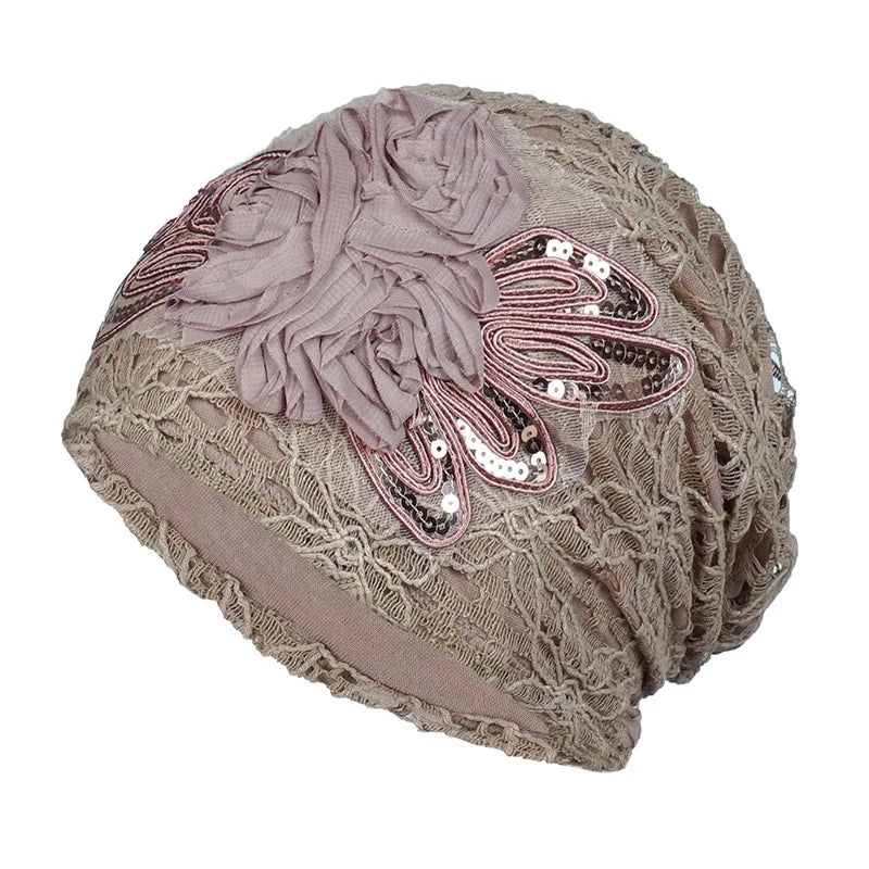 Elegant Women Sequins Lace Turban Cap Flowers Muslim Headwear Hat Female Head Wraps Ladies Headscarf Bonnet Turbante Mejur