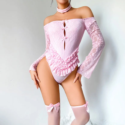 SINGREINY Off Shoulder Hotsweet Sexy Bodysuits Women Long Sleeves Ruffles Sweet Rompers Hollow Out Floral Lace Pink Playsuits