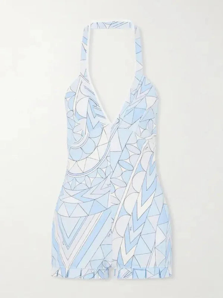 Sexy Blue Geometric Print Halter Romper Women Deep V Neck Ruffle Hem Sets 2026 Lady New Summer Beach Party Fashion Jumpsuits