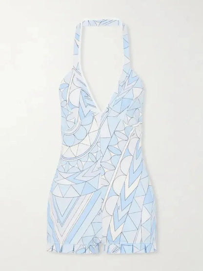 Sexy Blue Geometric Print Halter Romper Women Deep V Neck Ruffle Hem Sets 2026 Lady New Summer Beach Party Fashion Jumpsuits
