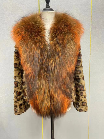 Women's Leopard Print Natural Mink Fur Coat with Big Raccoon Fur Collar Warm Winter Jacket for Cold Weather