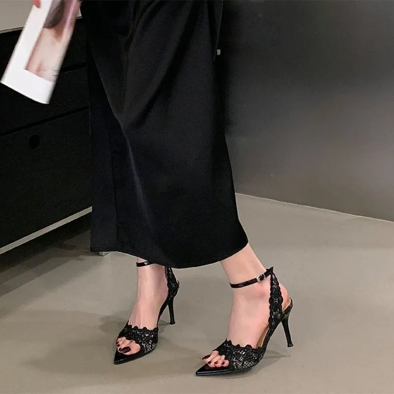 Luxury Lace Embroidery Ankle Strap Buckle Women Gladiator Sandals Elegant Thin High heels Summer Fashion Party Wedding Shoes