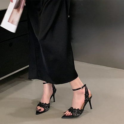 Luxury Lace Embroidery Ankle Strap Buckle Women Gladiator Sandals Elegant Thin High heels Summer Fashion Party Wedding Shoes