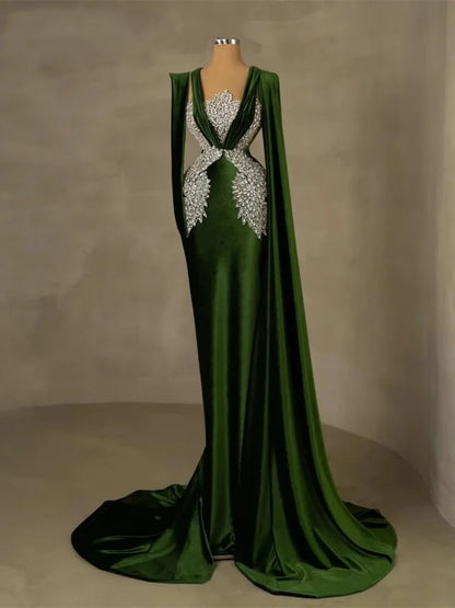 Stylish Mermaid Evening Dress V Neck Beaded Diamond Prom Gowns Sexy Long Sleeve Floor Length  Party  Dresses Customized