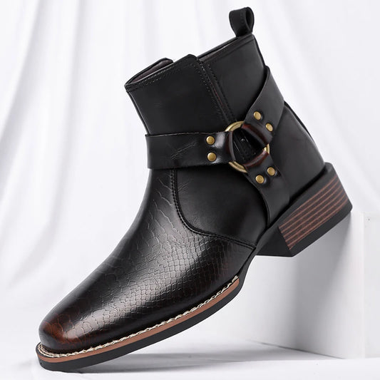 Leisure Walk Men Ankle Boots Formal Dress Leather Boots Metal Strap Chunky Stacked Heel Western Biker Boots for Men Comfy Botas