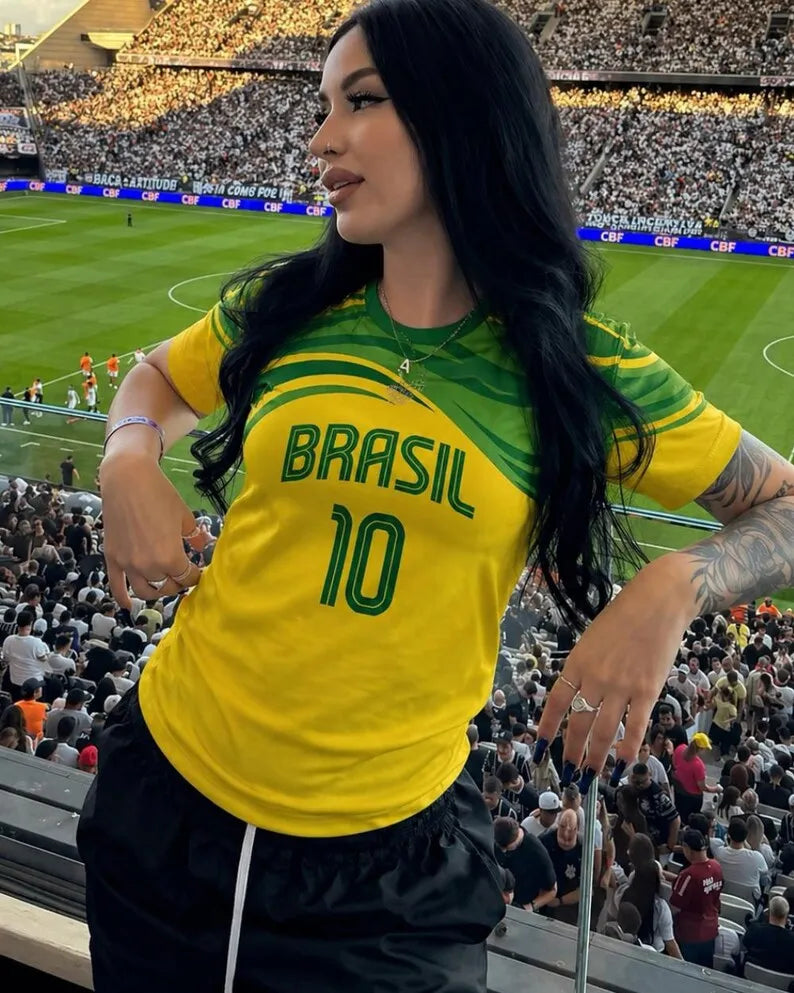 Women Brasil 00 Soccer Jersey Retro V-Neck Short Sleeve Breathable Mesh Loose Fit Y2K Streetwear Casual Football Shirt
