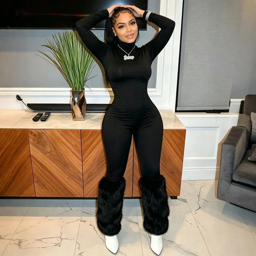 FLARORA Sexy Faux Fur Patchwork Jumpsuits Woman Turtleneck Full Sleeve Skinny Peach Hip Jumpsuit Midnight Party Club Overalls