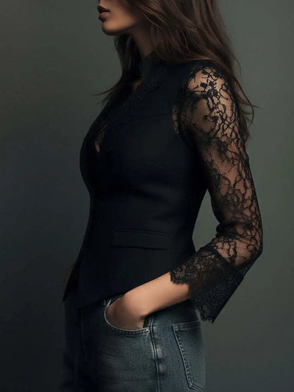 Elegant Sexy V Neck Lace Patchwork Women's Shirt Top See Through Long Sleeve Trendy Hollow out Single Button Slim Tops Blazer