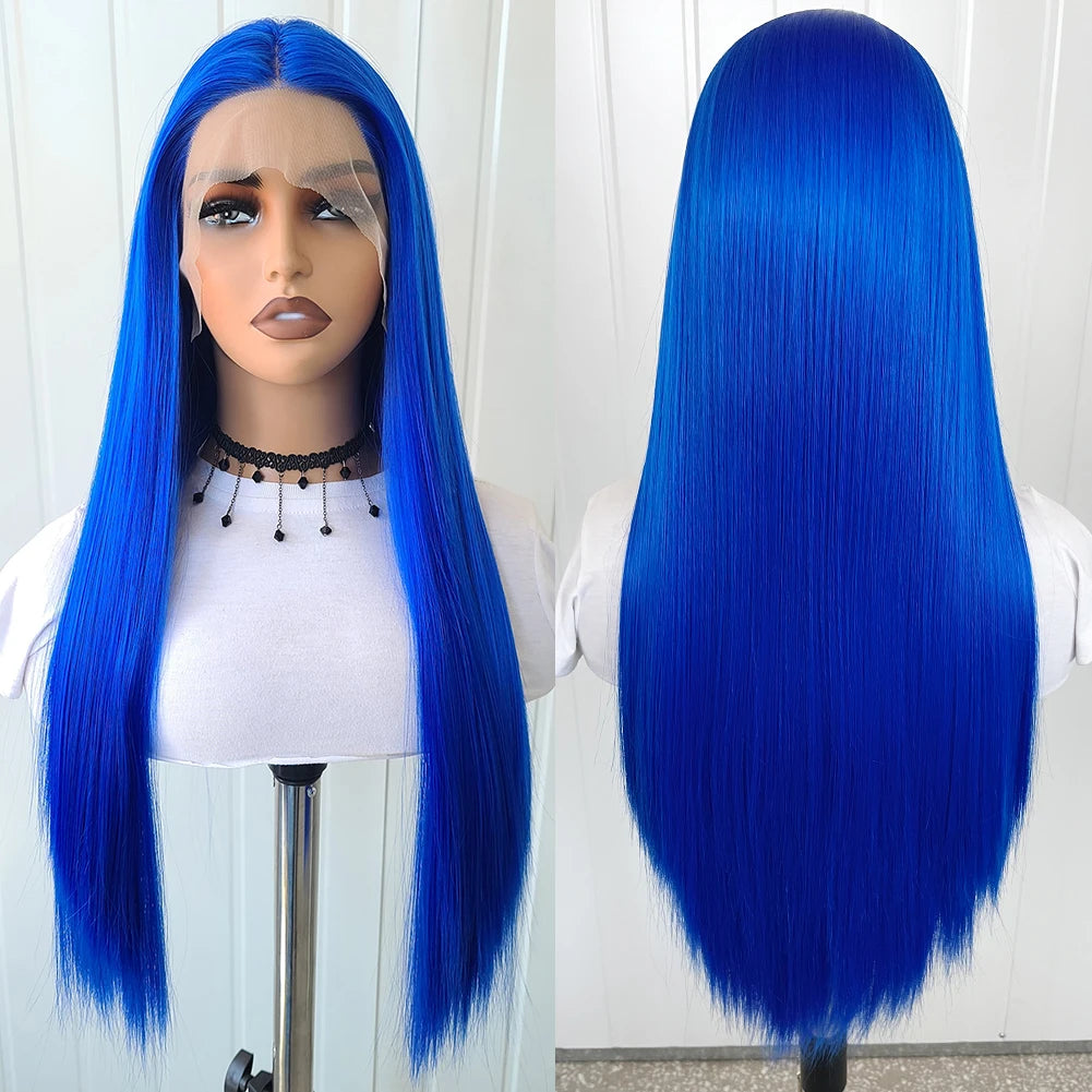 AIMEYA Blue Hair Lace Wig Synthetic Straight Wigs for Women Lace Frontal Wig Natural Hairline Cosplay Party Wigs Heat Resistant