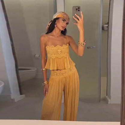 Beach Pink Lace Spliced Women's Set Summer See Through Strap Tank Top Pleated Lantern Pants Sets Lady New Casual Vacation Outfit