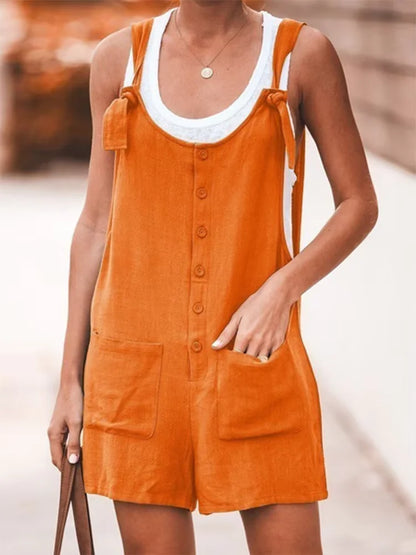 Summer Women's Solid Color Patch Pocket Tied Cotton Linen Suspender Pants Casual Classic Style High Waist Wide Leg
