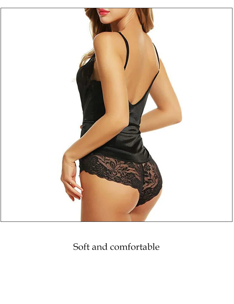 Women Lace Pajamas Nightclothes Black M L XL Sexy Ice Silky Smooth Cool Low Cut V Neck Deep V Short Jumpsuit for Women
