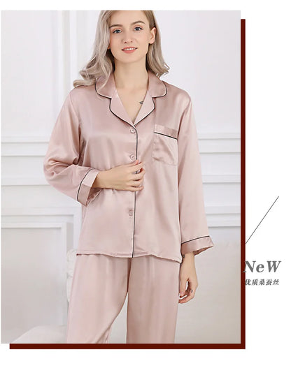 100% Mulberry Silk Pajamas Set for Women Long Sleeve Sleepwear Spring Summer Breathable Lounge Robe Comfortable Cool Silk
