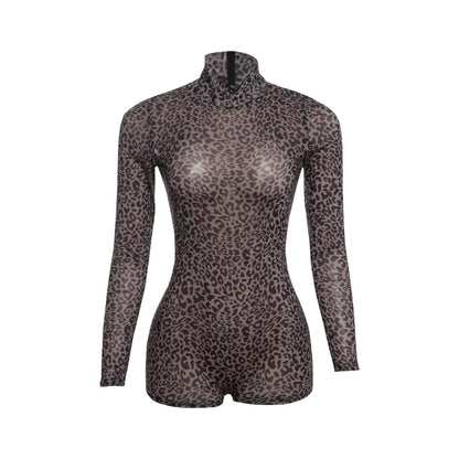 Weird Puss Leopard Print Romper Women See Through Sexy Full Sleeve Turtleneck Fall Fit Skinny Playsuit Stretch Midnight Clubwear