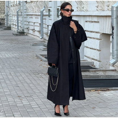 Women Black Long Solid Color Trench Coat Stand Collar Loose Drop Shoulder Single-breasted Windbreaker Lady Commute Outing Wear