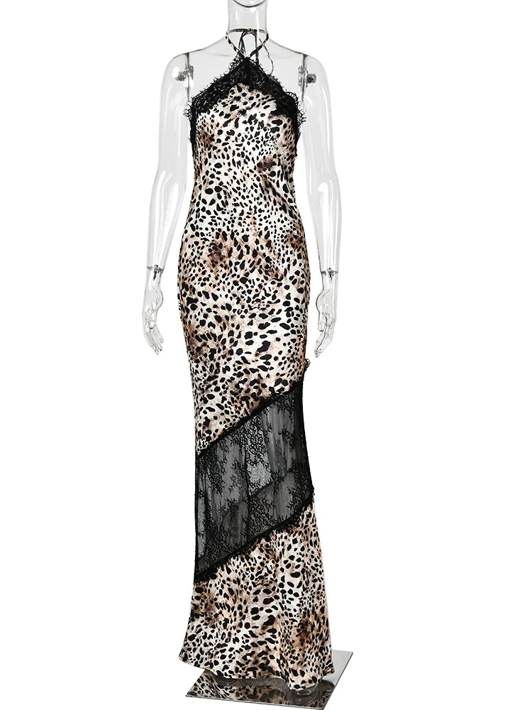 JULISSA MO Leopard Print Patchwork Sheer Lace Halter Women Maxi Dress Backless High Waist Dress Slim Elegant Party Evening Dress