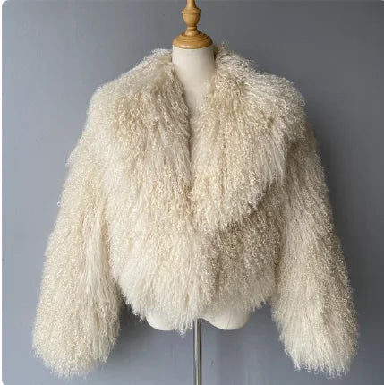 Mongolian Fur Coats Fur Lapel Jacket Women Elegant White Fluffy Solid Thicken Warm Long Sleeves Coats Winter Chic Oversize Lady