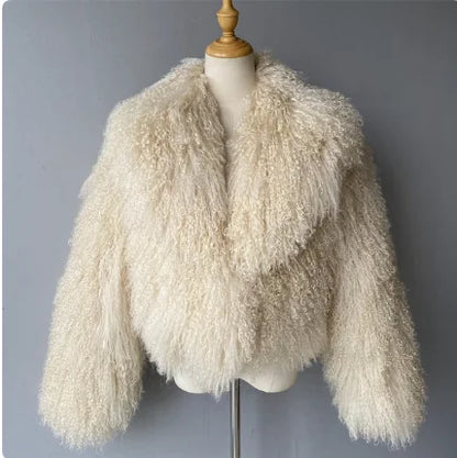 Mongolian Fur Coats Fur Lapel Jacket Women Elegant White Fluffy Solid Thicken Warm Long Sleeves Coats Winter Chic Oversize Lady