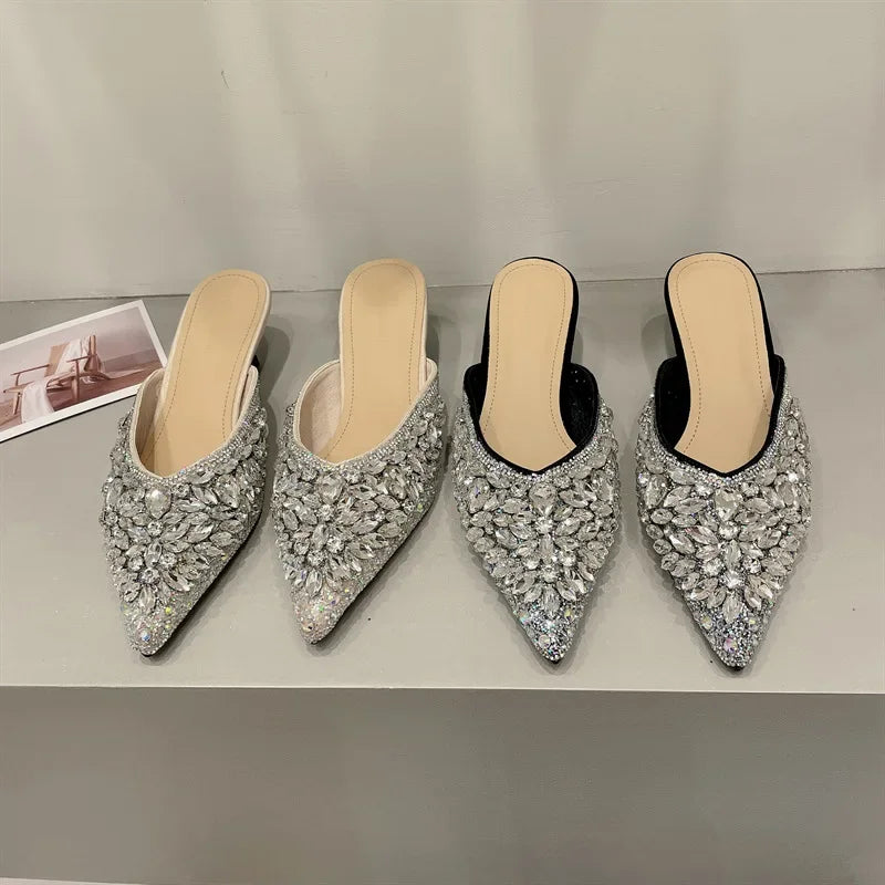 Luxury Rhinestone Sandals Women Slingback Slippers Female Fashions Low Heel Flip-flops Shiny Pointed Pumps Women Mules Slippers