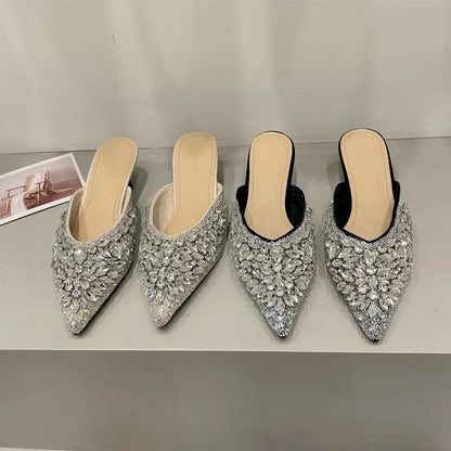 Luxury Rhinestone Sandals Women Slingback Slippers Female Fashions Low Heel Flip-flops Shiny Pointed Pumps Women Mules Slippers