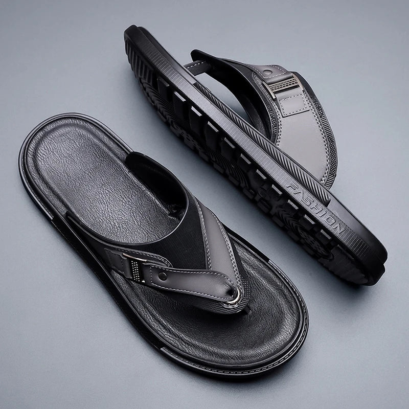 New Trend Men's Flip Flops Leather Beach Sandals Quick Dry Water Shoes Non Slip Summer Slippers Outdoor Slides Walking Sandalias