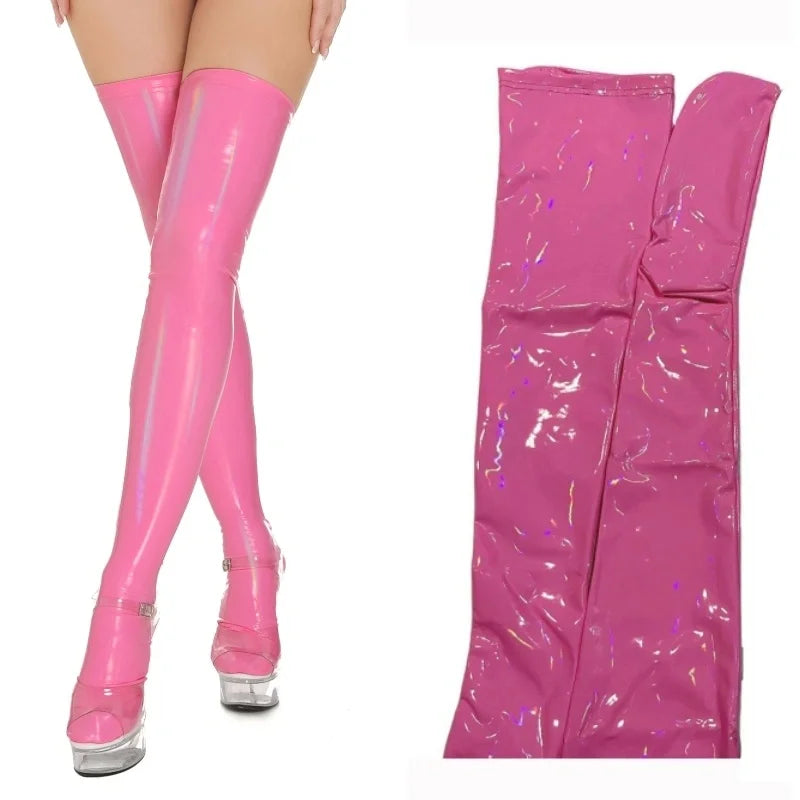 Faux Leather Thigh High Sexy Stockings Wetlook Oil Shiny PVC Leather Party Stockings For Women Cosplay Clubwear Sexy Hosiery