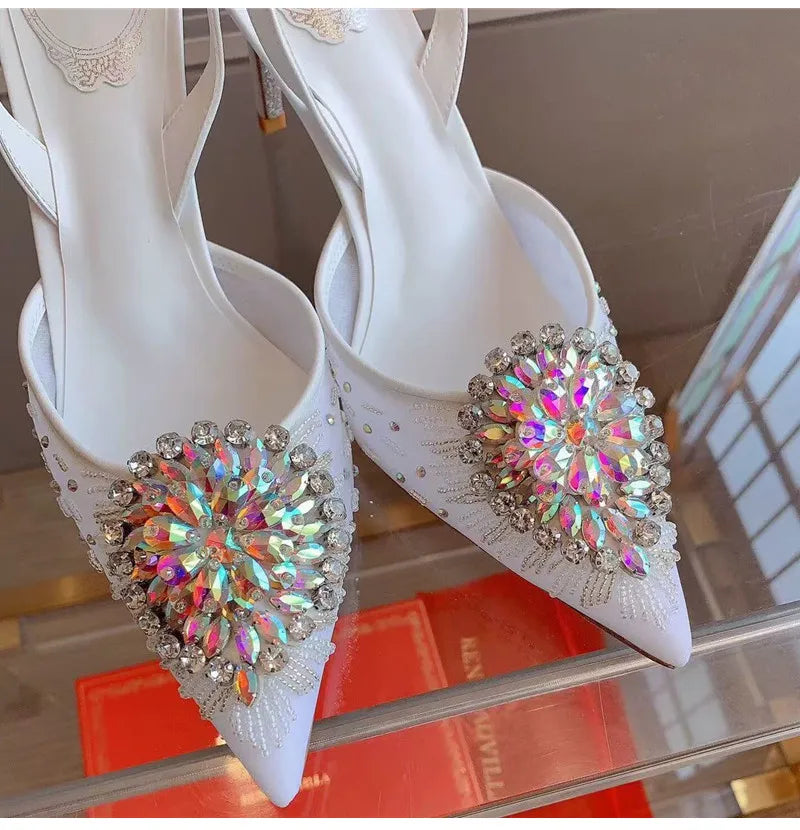 Luxury Diamond Pearls Lace Mesh Women Pumps Elegant Pointed toe Thin High heels Fashion Summer Slingbacks Wedding Party Shoes