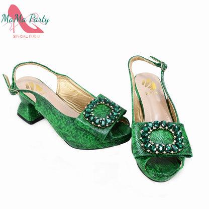 2025 Autumn New Design Specials Italian Women Shoes and Bag Set Pink Color Comfortable Mid Heels With Rhinestone