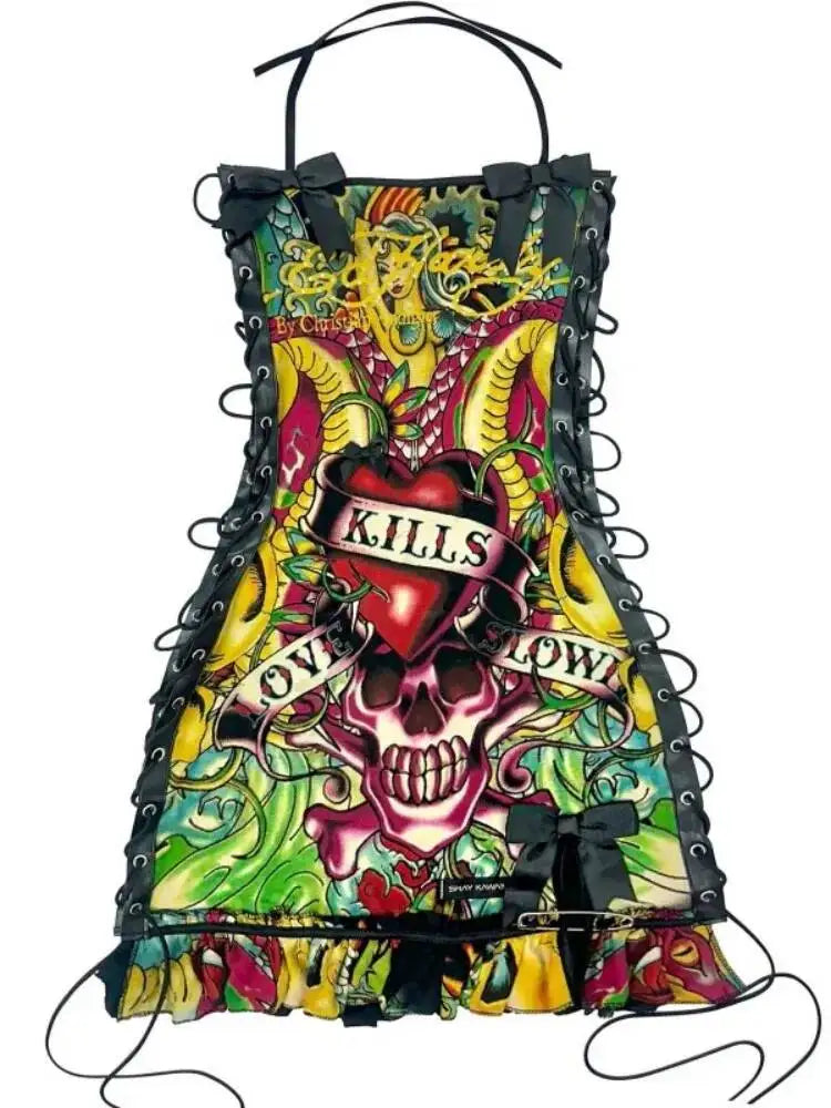 Halter Printed Y2k Line Up Wacky Contrast Dress Women Gothic Party Sexy Hollow Bandage Halloween Makeup Dresses Outwear LX61
