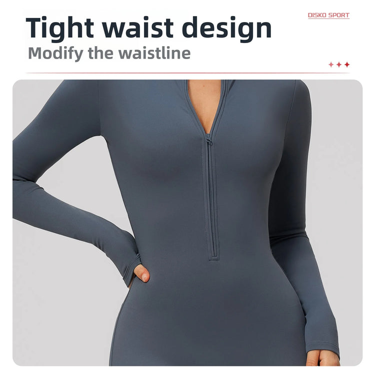Winter Half Zip Yoga Bodysuit Women Long Sleeved Fitness Jumpsuit Sportswear Gym Clothes One-piece Running Workout Wear Rompers