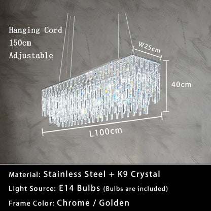 Luxury Crystal Long Pendant Lights Modern Lustres LED Chrome Hanging Lamps for Ceiling Silver Home Decor for Dining Room Remote