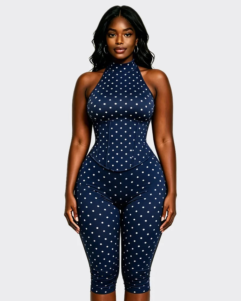 FAGADOER Cute Polka Dot Bodycon Rompers Hot Girl Streetwear Lace Up Bandage Corset Halter Jumpsuits Summer Night Club Playsuits