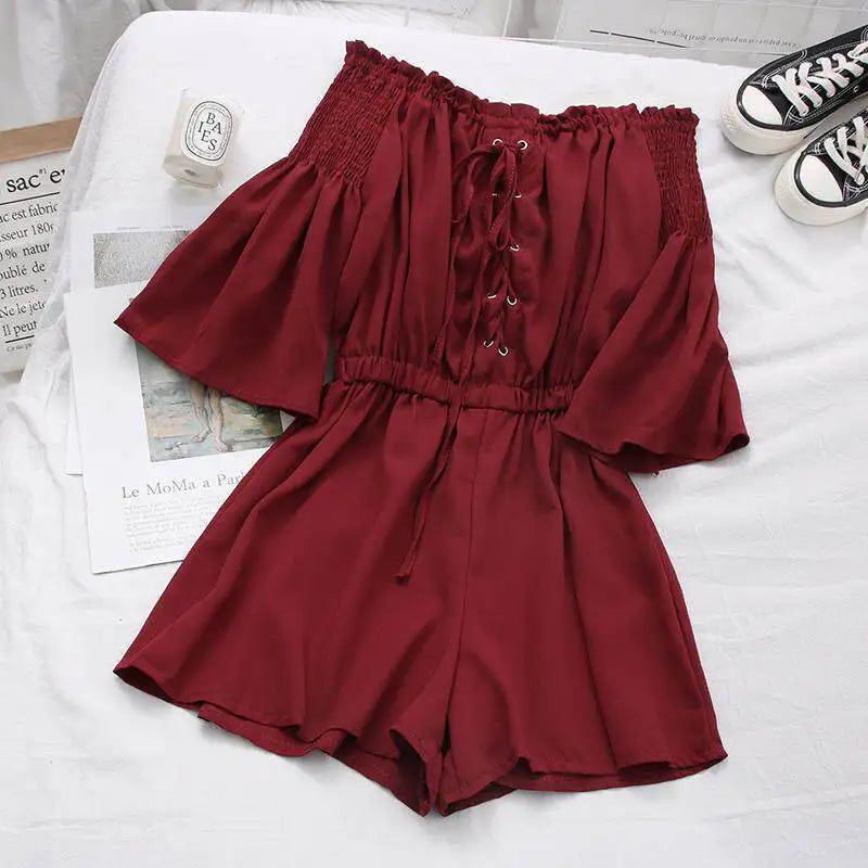 Women's Casual Summer Beach Romper Olive Green Off The Shoulder Lace Up Short Sleeve Elastic Waist Playsuit