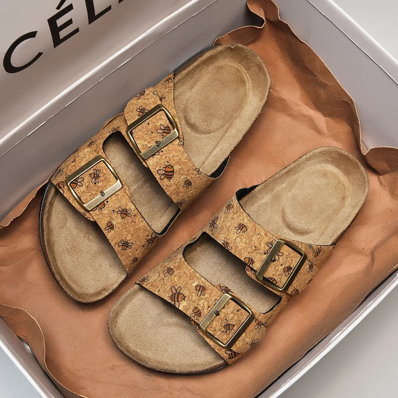 Women Sandals with Memory Foam Footwear Slides for Women with Cork Footbed Flip Flops for Women with Double Straps Sandals