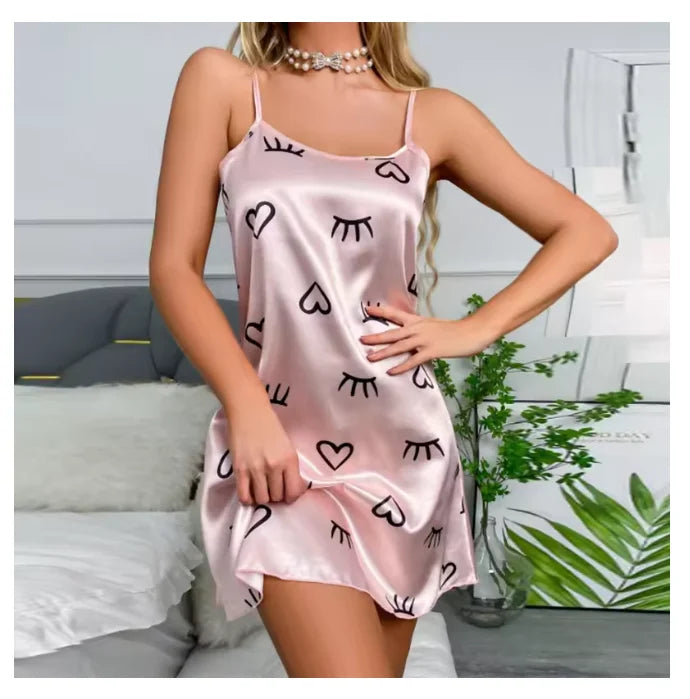 Ladies Sexy Sling Nightgown Nightdress Women's Sexy Lingerie Silk Satin Sleepwear Floral Pinting Nightwear Homewear Mini Dress