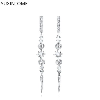 925 Sterling Silver Needle Long Chain Stud Earrings For Women Exquisite Zircon Geometric Tassel Pendant Earrings Luxury Jewelry