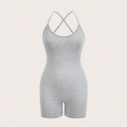  Sexy women 's Grey Cross Strap Bodysuit  Fitness Jumpsuit Women  Adjustable Sports  Shorts Backless Set Romper