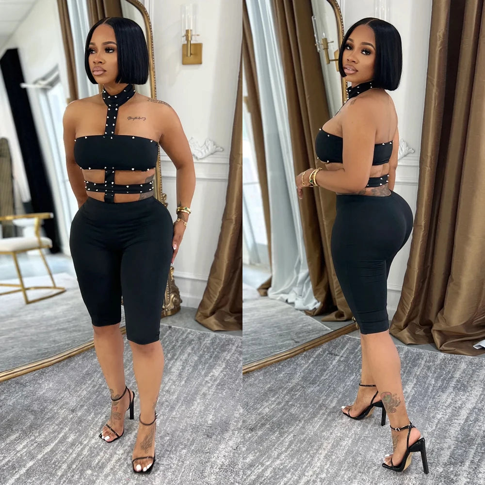 Beads Decorate Playsuits Women Hot Commodity Jumper One Piece Jumpsuit Sexy Halter Cutout Sleeveless Backless Skinny Rompers