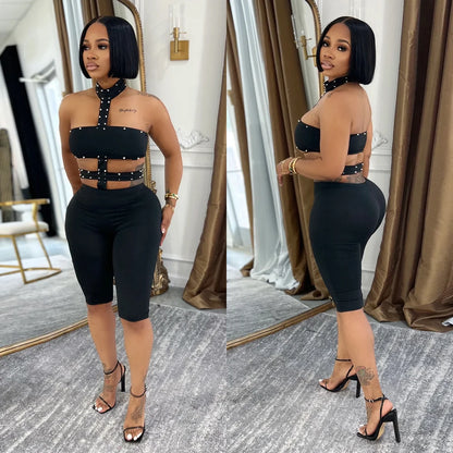 Beads Decorate Playsuits Women Hot Commodity Jumper One Piece Jumpsuit Sexy Halter Cutout Sleeveless Backless Skinny Rompers